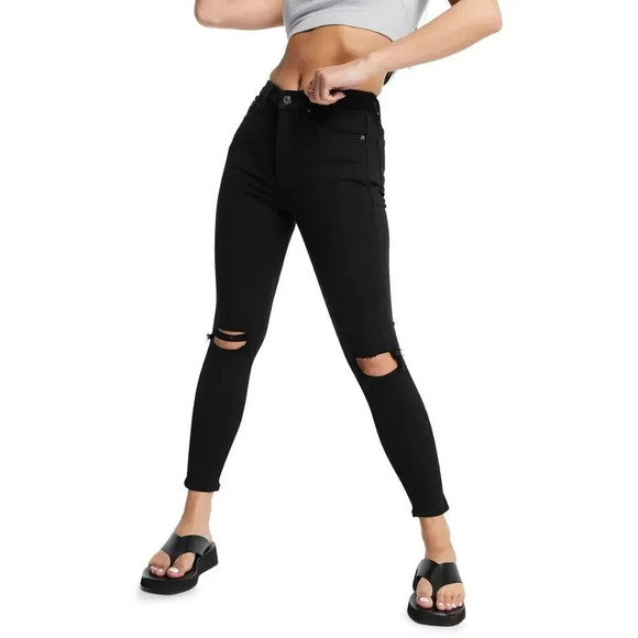 Topshop Women's Moto Jamie Ripped Knee Skinny Jeans in Black Size‎ 26x30 NWT - Picture 1 of 12
